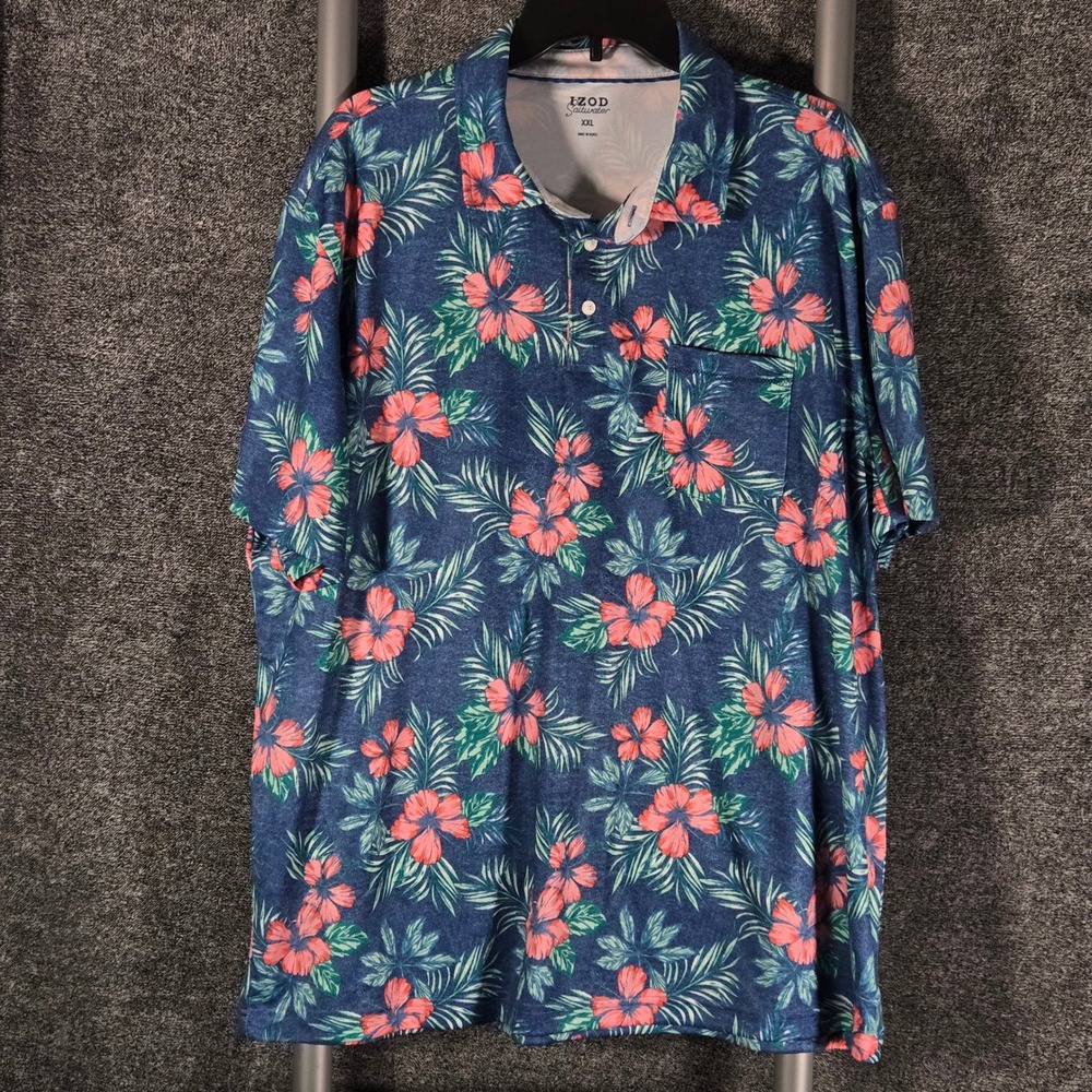IZOD Saltwater Mens XXL Blue Tropical Floral Hibiscus Polo Shirt 46IZSGB23R422
